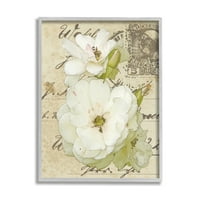Bijela cvjetovi preko vintage poštanske kartice uokvireni slikarski umjetnički tisak