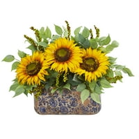 Gotovo prirodni suncokret i miješani zelje umjetni cvjetni aranžman u vazi
