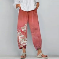 FSQJGQ Ljetne obrezane hlače za žene plaža casual cvjetni cvjetni tisak široke noge s džepovima pamučna posteljina