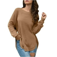 Yehatch ženski dugi rukavi Preveliki džemperi Posada od vrata Čvrsta boja pletenica pulover Tops Casual Fall Waffle