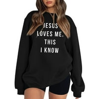 Košulje-smihono bluza, jednobojna, dugih rukava, Božićna, Isus me voli, to znam, ispis slova, opuštene ženske