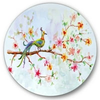 Dizajnerska umjetnost mala ptica koja sjedi na cvjetnoj grani Tradicionalni kružni metalni zidni umjetnički disk