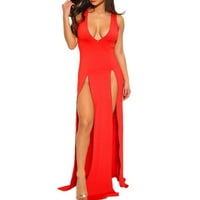 knqrhpse ženske haljine maxi haljina žena solidna v-izreza bez rukava otvorena vilica noćna haljina za žene crvene