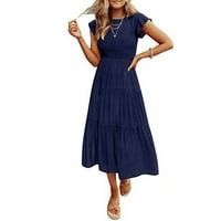 Očisti ljetne haljine za žene kratke rukave A-line dužine gležnjeva modna solidna okrugla dekolte haljina plava
