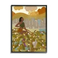Žena koja sjedi na drvetu, lijenčina, životinja, gradske zgrade, grafika, crni uokvireni umjetnički tisak, zidna