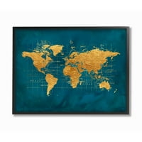 Stupell Industries World Map zlatno plava tekstura akvarelna ljestvica crni uokvirena umjetnička tiskana umjetnost,