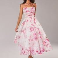 Haljine za žene s naramenicama, šifonske ljetne haljine bez rukava s botaničkim printom, Rasprodaja ružičaste