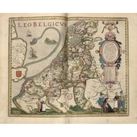 Vintage karte u crnom modernom okviru, muzejska umjetnička gravura pod nazivom Nizozemski Lav