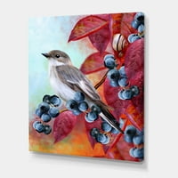 Dizajnerska umjetnost mala siva ptica izbliza na crvenoj jesenskoj grančici borovnice tradicionalni zidni otisak