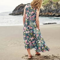 Moderna ljetna ležerna Udobna pamučna haljina bez rukava s cvjetnim printom i džepom za plažu za žene u tamno