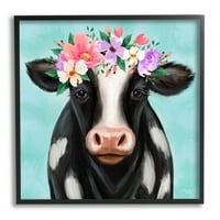 Stupell Industries Farma krava cvjetni tirkizni cvjetovi Slikanje crne uokvirene umjetničke print art, dizajn