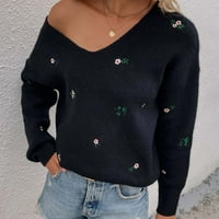 Voncos džemperi za žene- casual v vrat labav pulover na zazornicama ženski džemperi vrh crne veličine xl