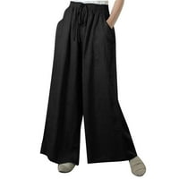 Ženske jednobojne hlače s džepovima, jesenske Palazzo hlače visokog struka, lanene hlače za izlazak Pune dužine,