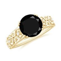 Prsten inspiriran prirodom - crni prsten za pasijans s moissanitom za žene, 14k žuto zlato, US 8,50