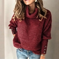 HGW džemper za žene Turtleneck Pulover Gumb Dugi rukavi Labavi pleteni džemper Crveni XL