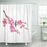 Akvarelna ptica i grana cvjeta trešnje stablo ružičasta kupaonica dekor kupatila za tuširanje