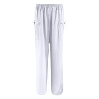 Ženske duge dnevne hlače ušteda solidne boje Elastična prilagođena pamučna i lanena pantalona s džepovima plus