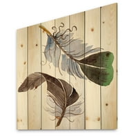 DesignArt 'Abstraktno zeleno ptičje pero od krila' Boemijski i eklektični otisak na prirodnom borovom drvetu
