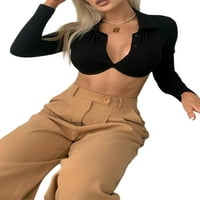 Ženska modna jednobojna majica s reverom na kopčanje s otvorenim pupkom s dugim rukavima, ae
