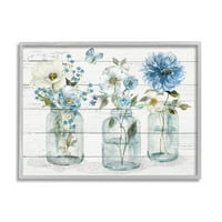 Buketi plavih staklenki u seoskom stilu, botanička i cvjetna grafika, zidni tisak u sivom okviru