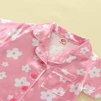 Pidžama za djevojčice, satenska košulja kratkih rukava s reverom, cvjetni print, Gornji dijelovi + Ležerne kratke