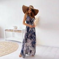 Žene V-izrez Sleexless Print Open Back Casual Halter Mid-Polt Long Dress Dress Deal Dealsing Posao za odrasle