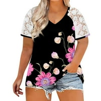 Borniu ženske plus veličine vrhovi casual cvjetni tiskani čipkasti kratki rukavi majica bluza ljetni tunični vrhovi