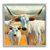 Bijela goveda s dugim rogovima poljoprivredno zemljište životinje i insekti slikarstvo u sivom okviru umjetnički