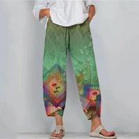 Ženske pamučne lanene hlače širokog kroja s ljetnim cvjetnim printom, elastičnim pojasom, Casual odjevene Capri