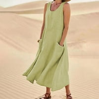 Ženska ljetna haljina, ženska modna ležerna jednobojna haljina bez rukava od pamuka i lana s džepovima, zelena,