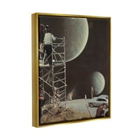 Stupell Industries Two Moons Vintage Film Set Galaxy Grafička umjetnost Metalno zlato plutajuće uokvireno platno