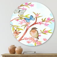 DesignArt 'pametna ptica koja sjedi na grani proljetnog stabla s tradicionalnim metalnim zidom leptira - disk