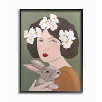 Stupell Industries Woman i zečji bijeli cvjetni životinjski slikar crna uokvirena umjetnička print zidna umjetnost,