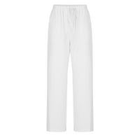 Pamučne lanene hlače za žene s elastičnom elastikom u struku, ležerni potplat, bijela boja s prorezom, veličina
