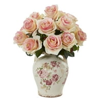 Umjetni aranžman od gotovo prirodnih ruža u staklenci s cvjetnim printom, svijetlo ružičasta