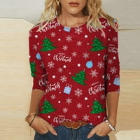 Majice za žene, ležerni vrhovi s okruglim vratom s božićnim printom, majica s rukavima od tri četvrtine s okruglim