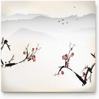 20 x31.5 Cvjetovi od crvene šljive i planinski vrhovi s pticama na nebu vodootporno apsorbiraju kupaonicu Kuhinj
