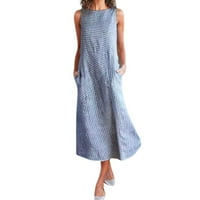 Ženska ležerna prugasta haljina bez rukava s lanenim džepom, duga haljina u plavoj boji