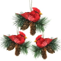 Paket crvenih kardinalnih ptica na borovim konusima božićni ukrasi 5