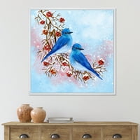 DesignArt 'dvije plave ptice koje sjede na grani s bobicama zimi' Tradicionalno uokvireno platno zidne umjetničke