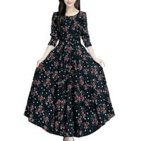 Ženska cvjetna haljina za plažu dugih rukava ležerna Vintage boho haljina za odmor Crna