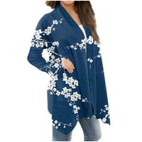 ; / Ženska modna ležerna kardigan jakna srednje duljine s cvjetnim printom, kaput za žene u tamnoplavoj boji;