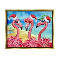 Stupell Industries praznična svjetla Flamingos Beach Grafička umjetnost Metalno zlato plutajuće uokvireno platno