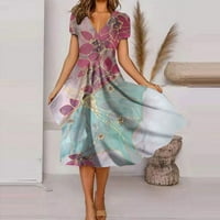 Ženska modna i svestrana ljetna haljina s printom s kratkim rukavima S izrezom u obliku slova H, vruća ružičasta,