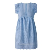 Ljetne haljine za žene mini slobodno vrijeme Čvrsta kratka rukava a-line duboka haljina s V-izrezom svijetloplava
