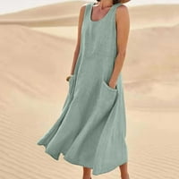 Ženska ljetna modna ležerna jednobojna duga haljina od pamuka i lana bez rukava