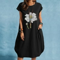 Sunčane haljine za žene, poslovna haljina od pamuka i lana s cvjetnim printom, Kratki rukav s džepom, Okrugli