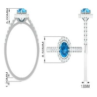 CT okrugli oblik Swiss Blue Topaz i Moissanite Halo zaručnički prsten sa bočnim kamenjem, Sterling Silver, US