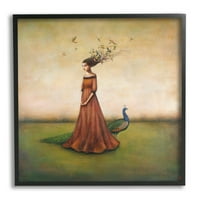 Ljepota i ptice u njezinoj kosi, ilustracija žene i pauna, grafička umjetnost, zidni tisak u crnom okviru, 24.24