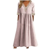 Ženska ljetna pamučna lanena ležerna nova haljina, jednobojna, kratkih rukava, čipka, izrez, struk, donji dio,